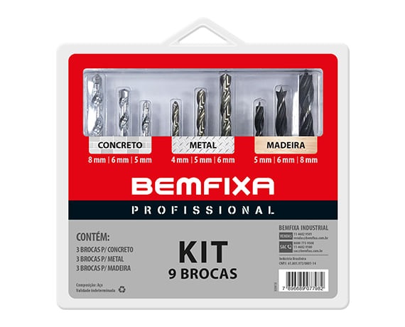 Kit 9pcs Combinado de Brocas Bemfixa