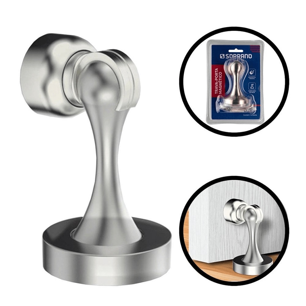 Trava Porta Piso Magnético Eco Inox Escovado - Soprano