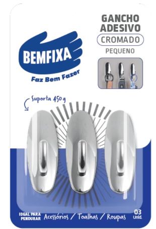 Gancho Adesivo Cromado (pequeno) Com 3 Unidades Bemfixa