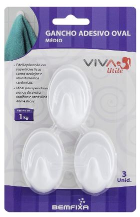 Gancho Adesivo Oval (medio) Com 3 Unidades Bemfixa