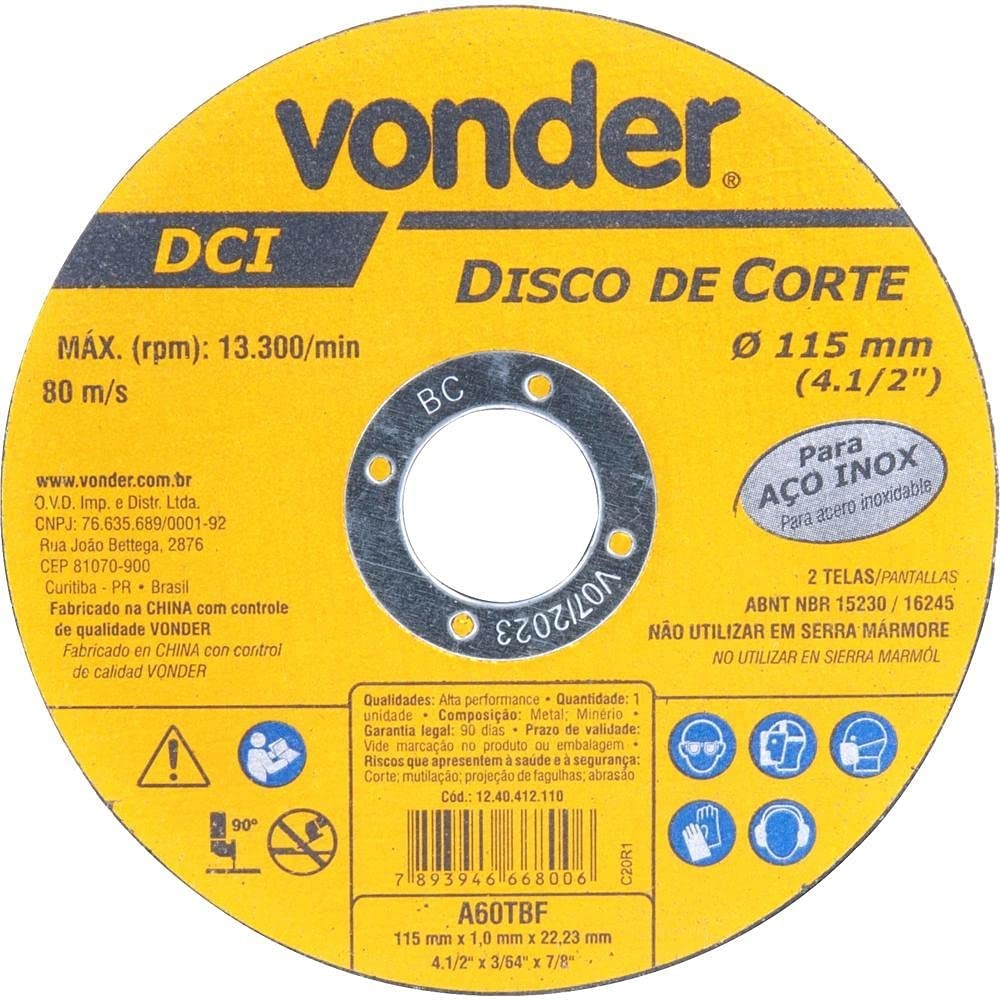 Disco Corte 115x1,0x22,23 Inox Vonder