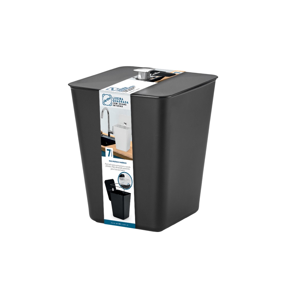 Lixeira Quad C/tampa e Aram 7l pt Arthi