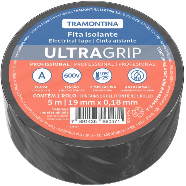 Fita Isolante Classe A 0,18x19mm Preta 5 Metros Tramontina