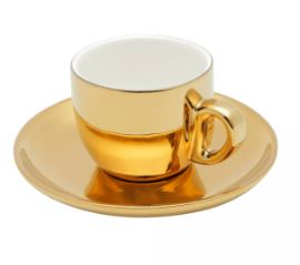 Conjunto 6 Xícaras de Café de Porcelana com Pires e Suporte Versa Dourado/Branco 90ml - Wolff