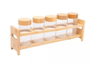 Conjunto 5 Porta Temperos de Vidro Borossilicato com Tampa e Suporte de Bambu - Wolff