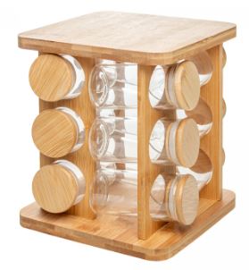 Conjunto 12 Potes em Borossilicato com Tampa Hermética e Rack Giratório em Bambu 120ml - Wolff