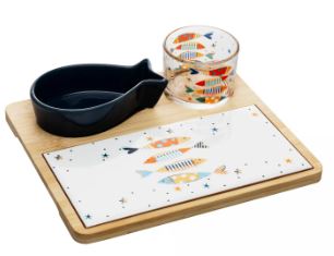 Conjunto 4 Peças Petisqueira de Vidro com Bowl Bandeja de Bambu e Tábua Iki - Wolff