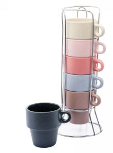 Conjunto 6 Xícaras de Café Empilháveis de Cerâmica com Suporte Coloridas 90ml - Wolff