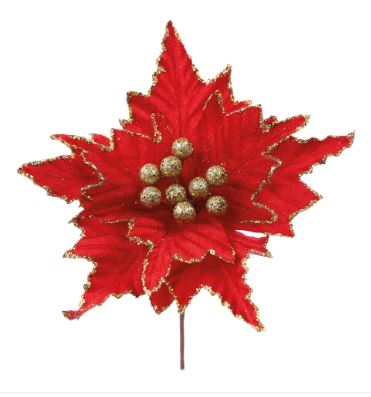 Flor Decorativa Cabo Curto Glitter Vermelho / Ouro 15cm - Cromus