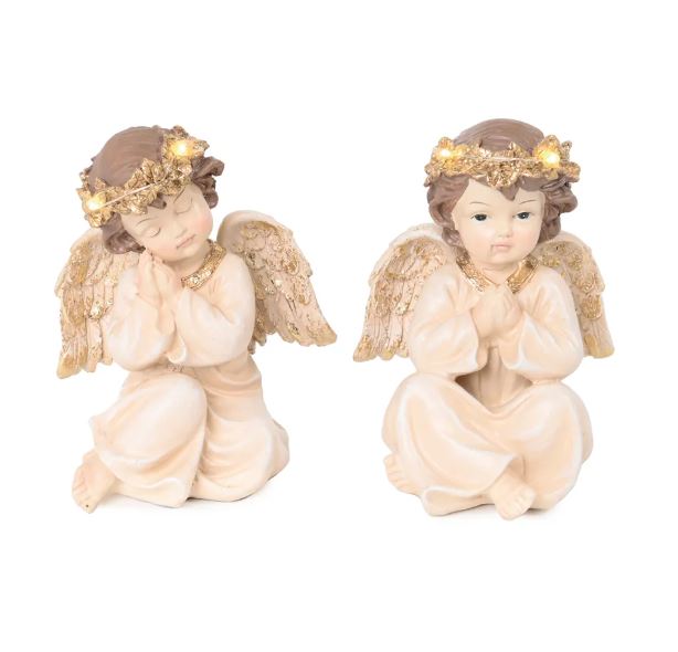Anjo Com Led Sortido Decorativo Em Resina Bege / Ouro - Cromus