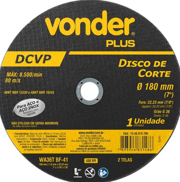 Disco de Corte 180x1,6x22,23mm DCVP - Vonder Plus
