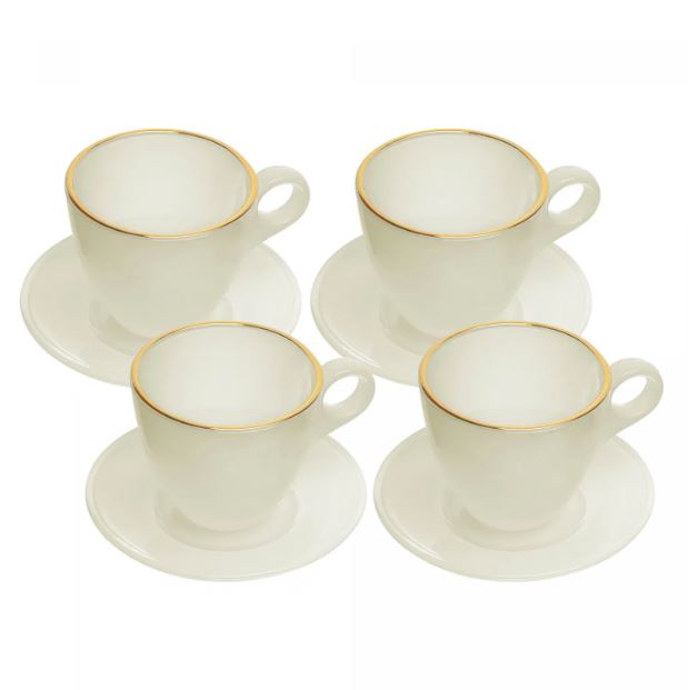 Conjunto 4 Xícaras de Vidro com Fio de Ouro e Pires Milky Branca 170ml - Wolff