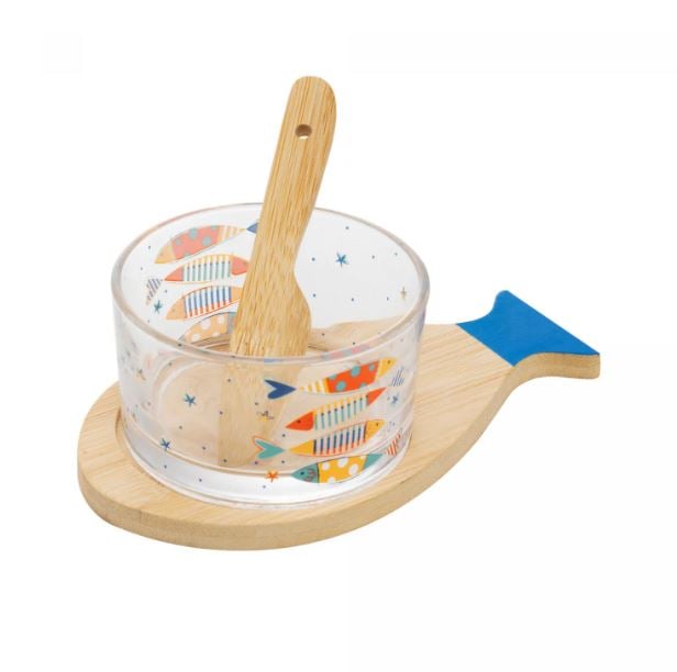 Conjunto 3 Peças Petisqueira de Vidro com Espátula e Bandeja de Bambu e Tábua Iki - Wolff