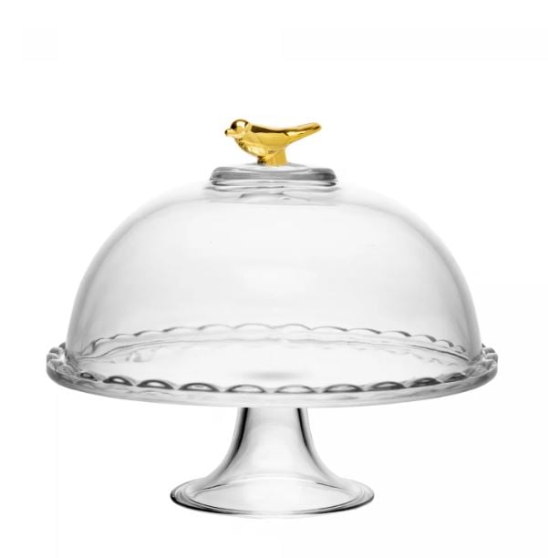 Prato com Pé e Tampa Golden Bird 19x19x19cm Cristal Ecológico - Wolff