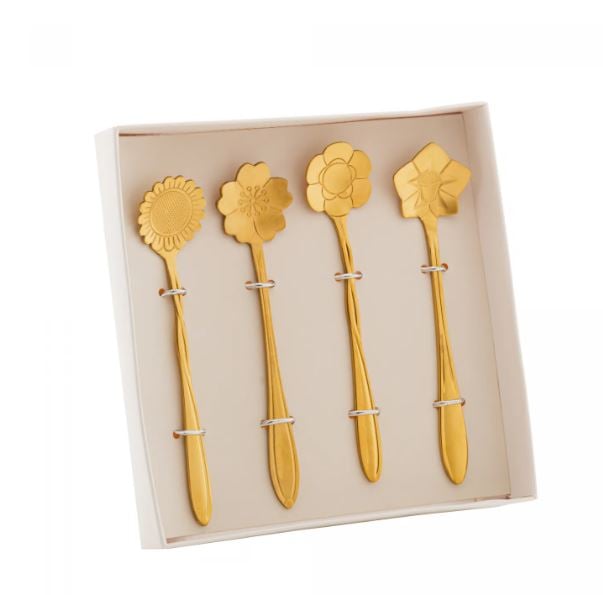 Conjunto 4 Colheres de Chá de Aço Inox Flores Dourado - Wolff