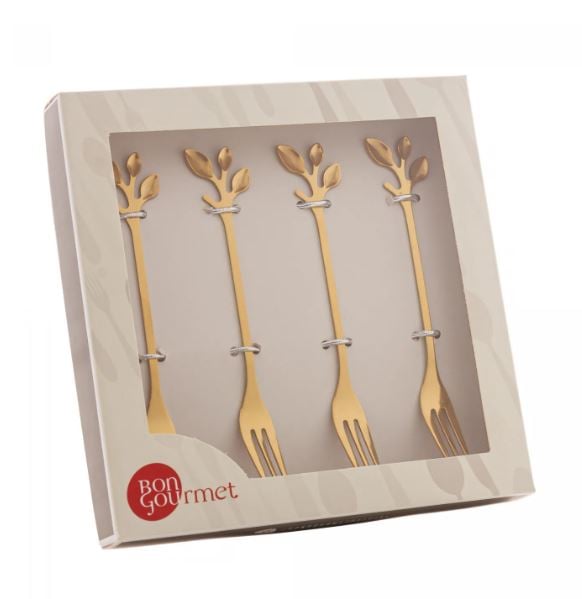 Conjunto 4 Garfos de Aço Inox para Aperitivo Leaves Dourado - Wolff