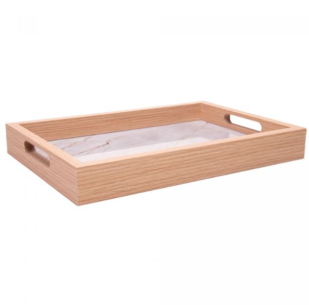 Bandeja Retangular com Efeito Mármore 21,5x31,5x4cm Branca MDF - Wolff