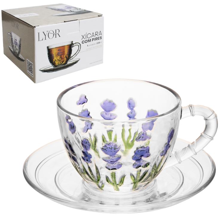 Xicara de Cha Com Pires lavanda Hand Painting 220ml - Lyor