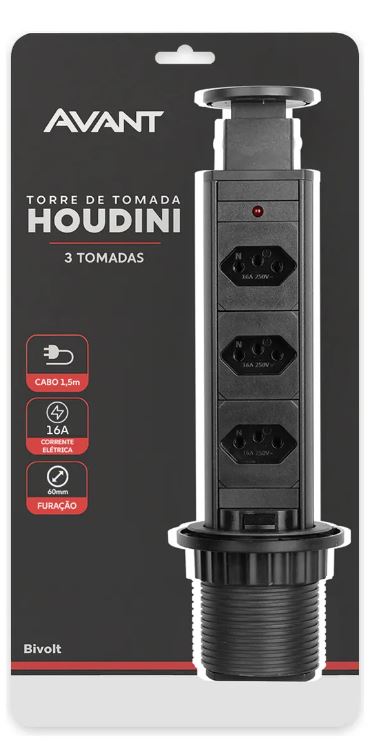 Torre de Tomada Elétrica com 3 Tomadas 16A Preto Avant