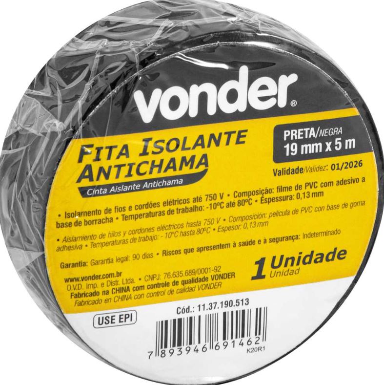 Fita Isolante 19,0mm x 5 Metros Preta Vonder