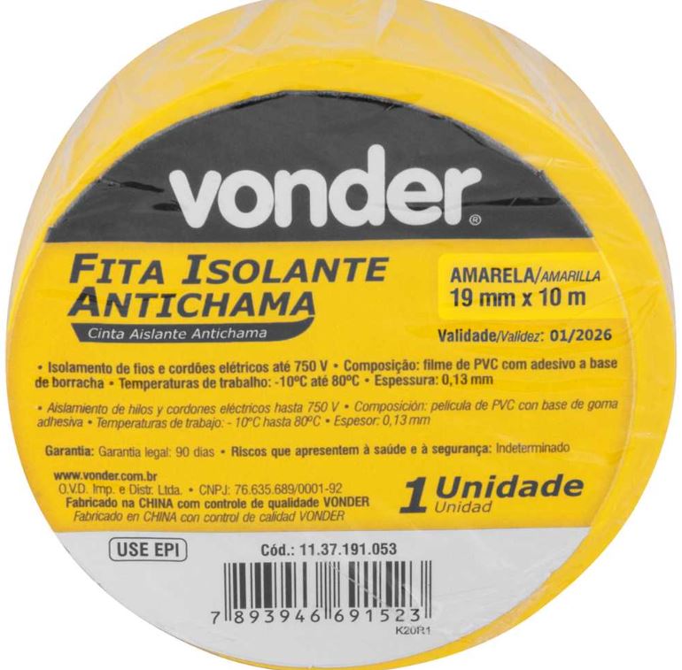 Fita Isolante 19mmx10 Metros  Amarela Vonder
