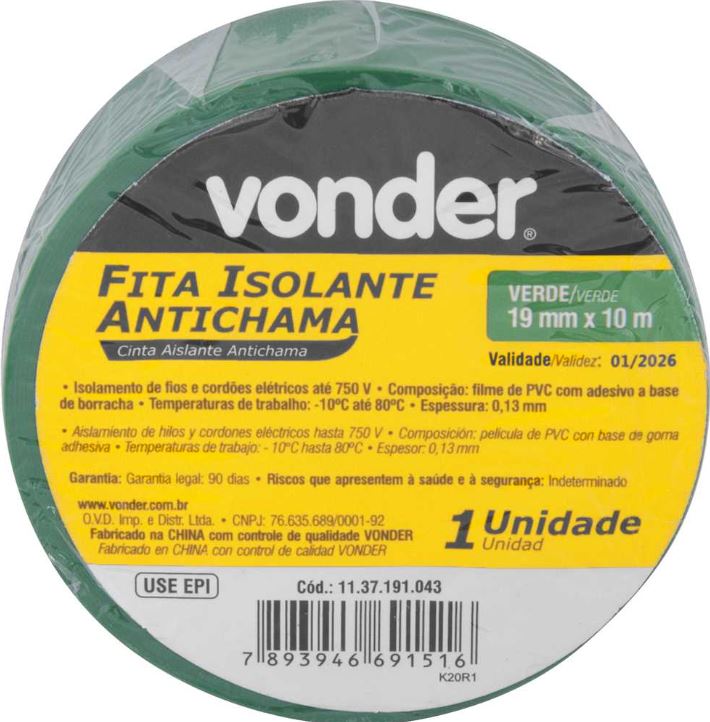 FITA ISOLANTE 19MMX10M VERDE VONDER