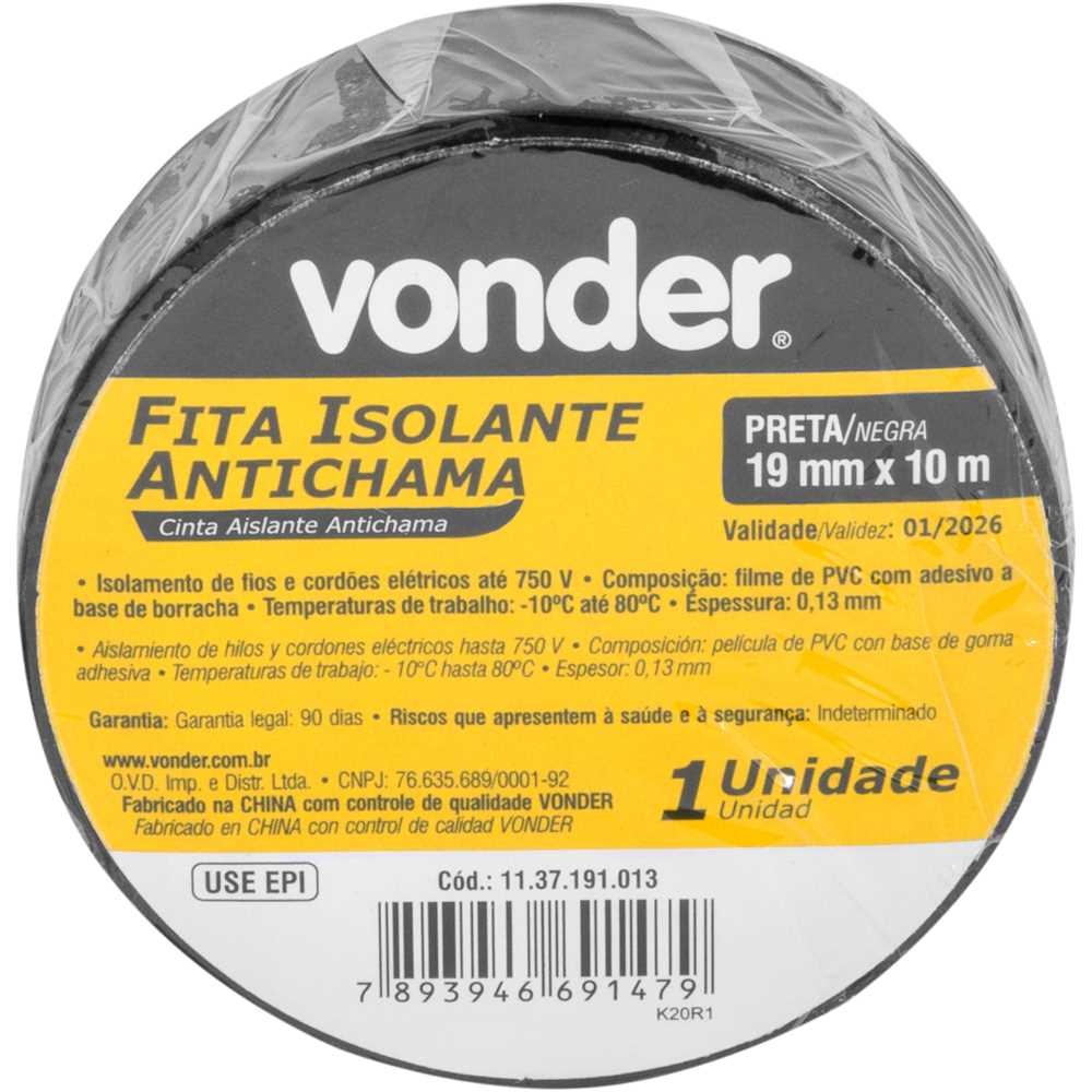 Fita Isolante 19 mm x 10 Metros Preta Vonder