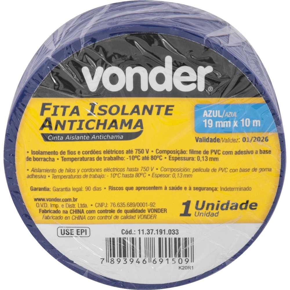Fita Isolante 19 mm x 10 Metros Azul Vonder