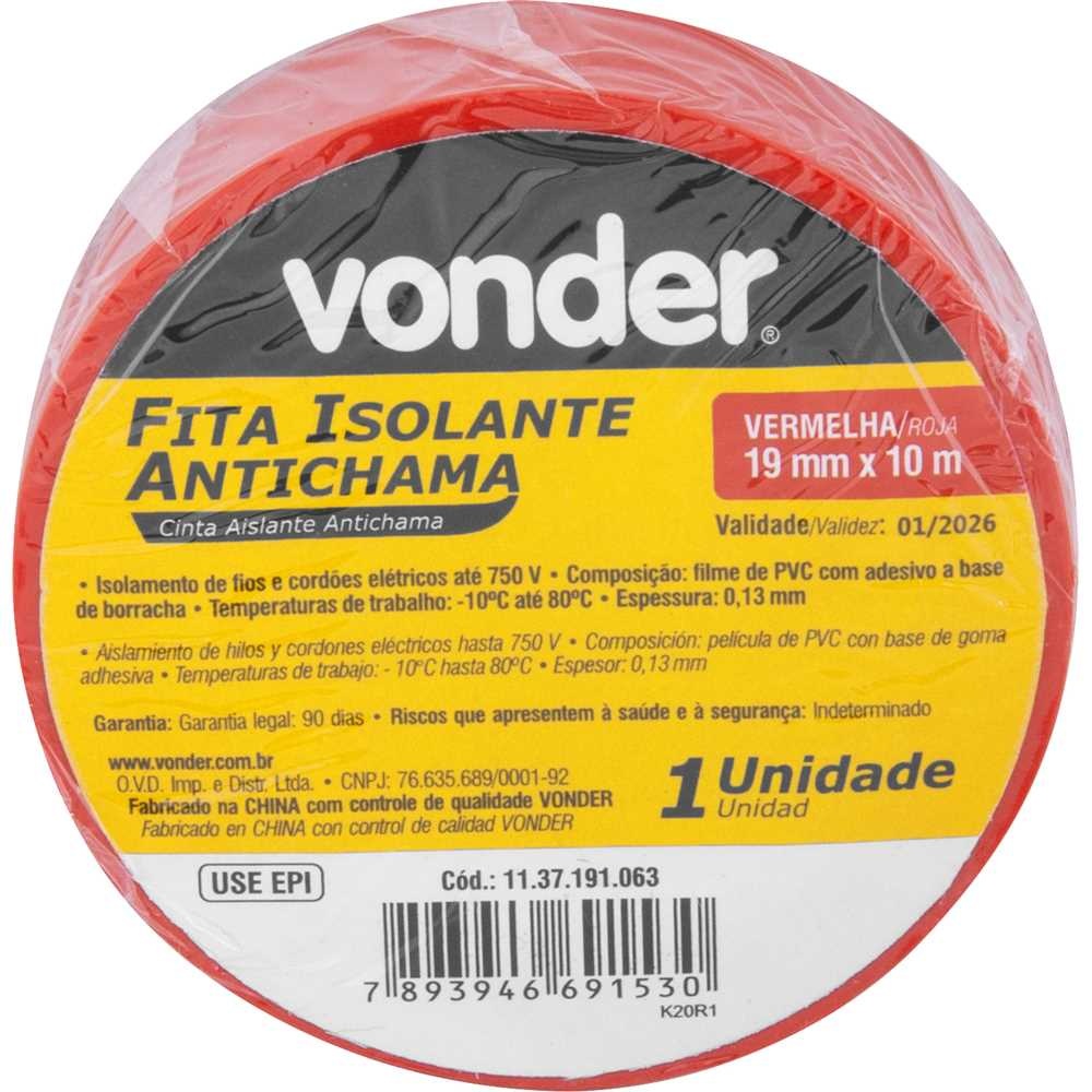 Fita Isolante 19 mm x 10 Metros Vermelha Vonder