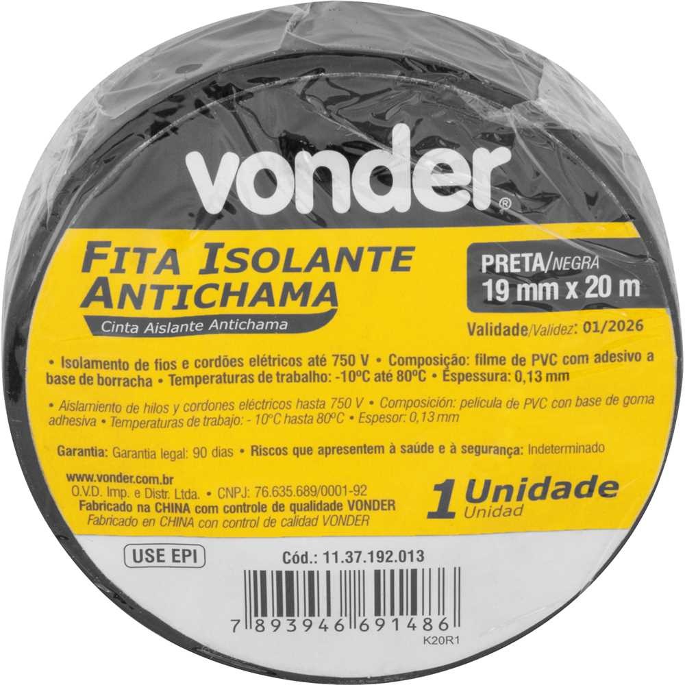Fita Isolante 19 mm x 20 Metros Preta Vonder