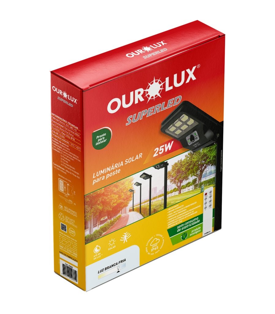 Luminária para Poste e Parede Solar 25W 6500K Preto Ourolux
