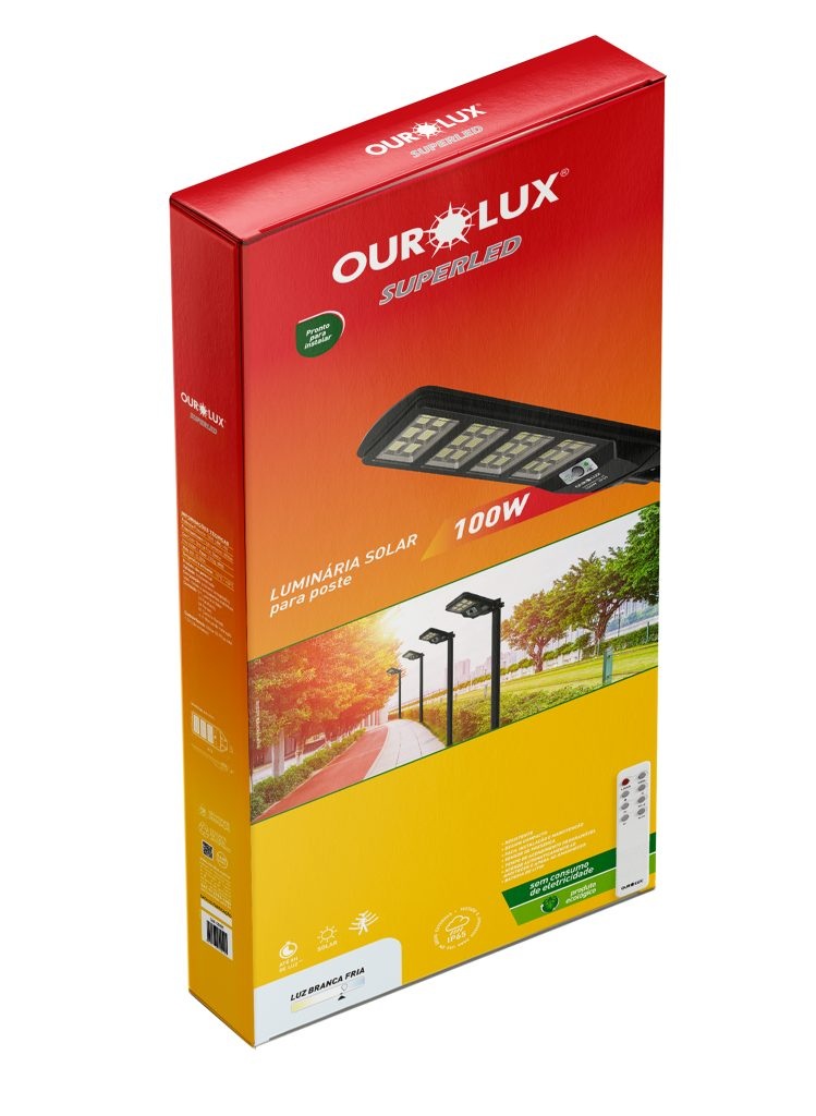Luminaria Solar Para Poste E Parede  100W 6500K Preta Ourolux